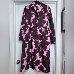 PSOPHIA Printed Taffeta Collared Long Sleeve Dress Brown & Pink w/ Pockets